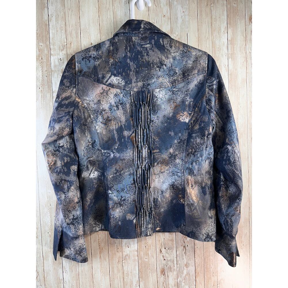 Coldwater Creek Jacket Womens 8 Pink Metallic Gold Floral Pleated Accent Snap - Picture 2 of 13